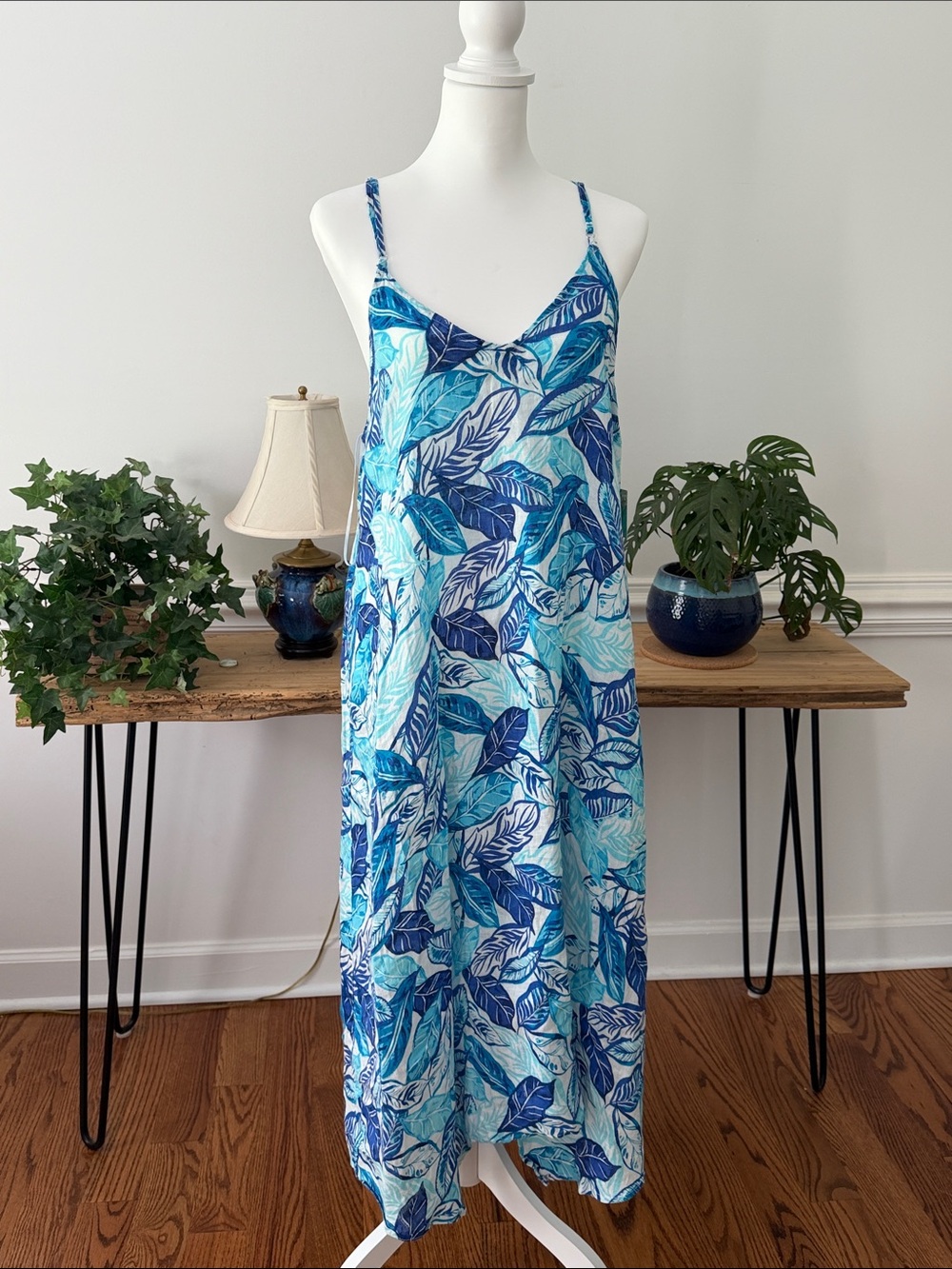 NWT Sigrid Olsen Blue Leaf-Print Slip Dress